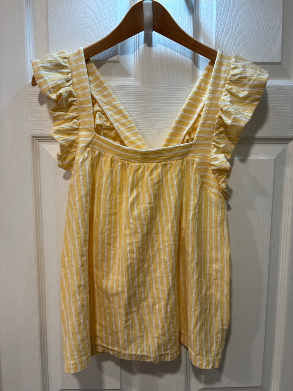 LC Lauren Conrad Yellow and White Striped Ruffle-Shoulder Tank